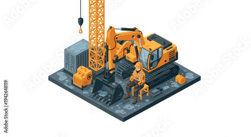 Construction site scene with heavy machinery and worker in isometric style
