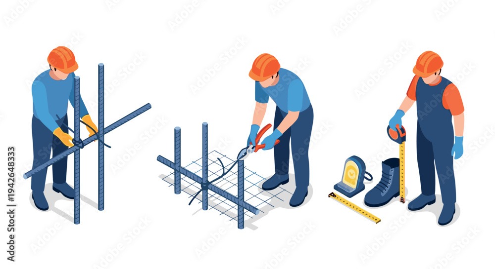 Fototapeta premium Construction workers using tools in isometric style