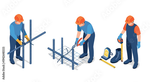 Construction workers using tools in isometric style
