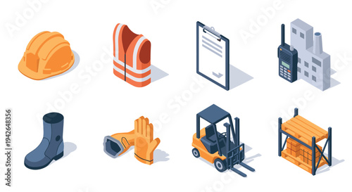 Construction icons collection: hard hat, safety vest, clipboard, radio, building, boot, gloves, forklift, warehouse