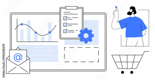 Digital strategy, data analysis, workflow management, e-commerce, online communication, teamwork. Visual includes chart, checklist gear email icon human figure shopping cart. Digital strategy