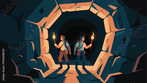 Illustration Of An Adventurer Carrying A Torch Through An Underground Tunnel Vector Design Template