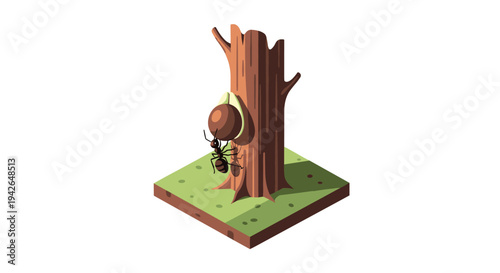 Isometric nature scene with ant climbing tree stump and mushroom