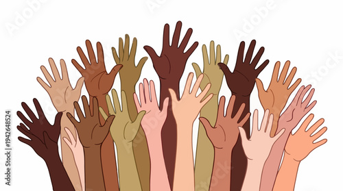 Diverse group of raised hands symbolizing unity, equality, and participation in community