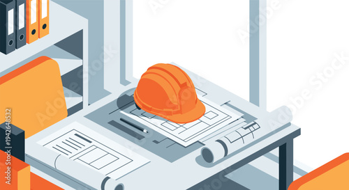 Isometric office desk with construction helmet and architectural blueprints
