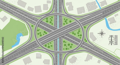 Aerial View of a Complex Highway Interchange with Circular Design.
