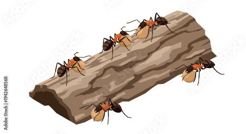Ants crawling on log in flat style