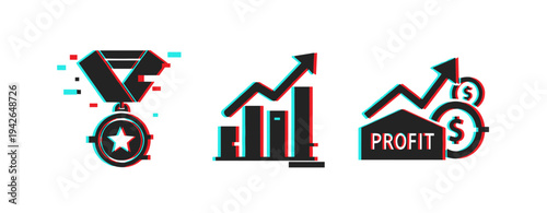 Business icons indicating growth and profit on white background. Glitch effect