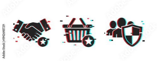 Business icons representing agreement shopping and protection on white. Glitch effect