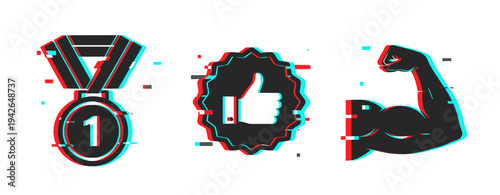 Medal badge and like icons showing strength on white background. Glitch effect