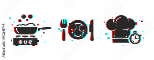 Cooking and dining icons displayed with glitch effect on white field. Glitch effect