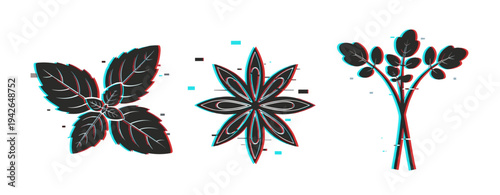Herbal icon set depicting botanical elements on white background. Glitch effect