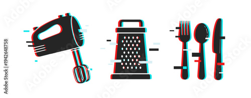 Hand mixer grater and cutlery shown with glitch on white background. Glitch effect