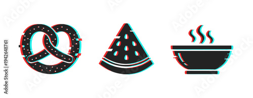 Snack and fruit icons featuring pretzel, watermelon, soup bowl. Glitch effect