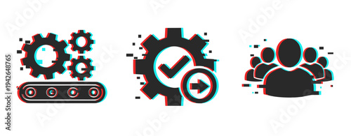 Gears conveyor check mark and group icons on white background. Glitch effect