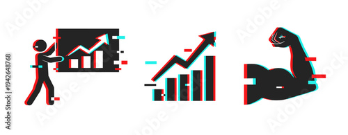 Person presenting growth chart, ascending graph, and strength icon. Glitch effect