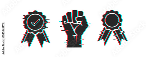 Rosette and raised fist icons showing solidarity on white backdrop. Glitch effect