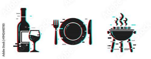 Dining icons showing wine tableware barbecue grill on white background. Glitch effect