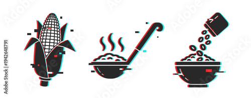 Corn icon with ladle serving and cereal pouring on white. Glitch effect