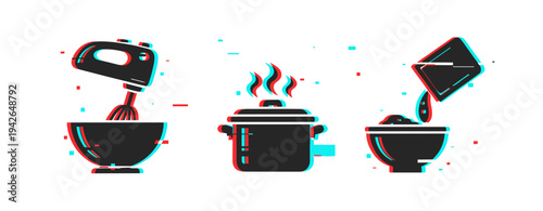 Mixer pot and pouring bowl icons representing cooking and food. Glitch effect