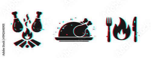 Chicken drumsticks roasting over campfire and dining icon set. Glitch effect