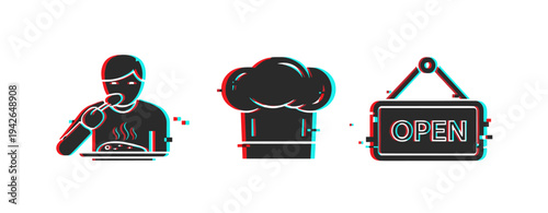 Person eating food with chef hat and open sign on white. Glitch effect