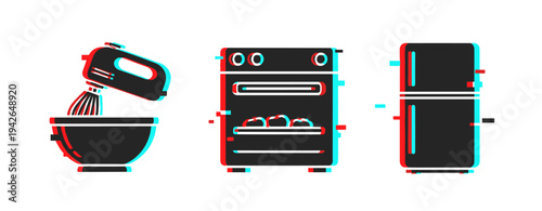 Kitchen appliances displayed with glitch effect on white. Glitch effect