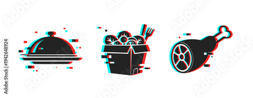 Dish covered, takeout box with vegetables, meat leg on white background. Glitch effect