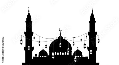 Striking silhouette illustration of a majestic mosque with elegant hanging lanterns, symbolizing Islamic culture and festive celebrations like Ramadan or Eid