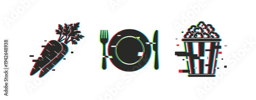 Food items arranged with plate and popcorn symbols. Glitch effect
