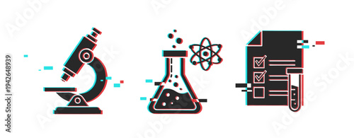 Science icons shown with glitch effect on white background. Glitch effect