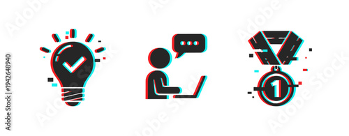 Concept icons showing ideas work and achievement on white background. Glitch effect