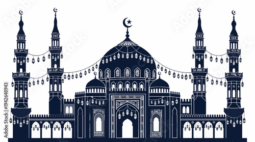 Elegant Islamic mosque with decorative lanterns, a beautiful architectural masterpiece for Ramadan and Eid celebrations