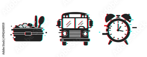 Lunch box bus alarm clock showing glitch effect on white background. Glitch effect