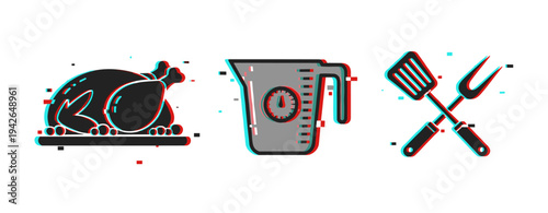 Cooked poultry measuring jug and grilling utensils icon set. Glitch effect