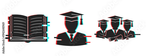 Open book and graduate silhouettes showing education icons. Glitch effect