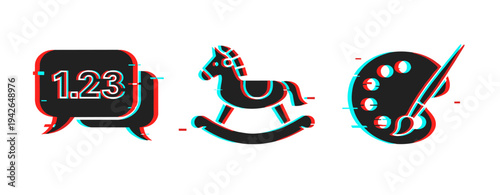Speech bubble, rocking horse and artist palette icon set. Glitch effect