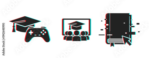 Education and gaming online learning icons on white background. Glitch effect