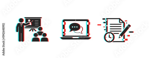 Business icons shown with glitch effect on white background. Glitch effect