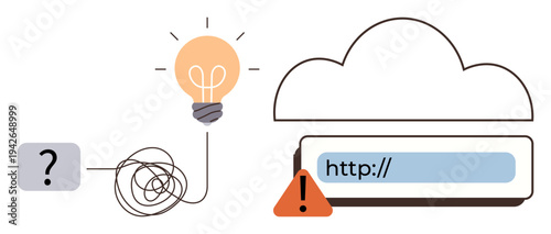 Technology issues, problem-solving, innovation, cloud computing, network troubleshooting, internet security. Lightbulb and tangled wire next to a cloud icon with a warning symbol and URL bar
