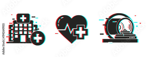 Hospital building and heart monitor with ct scanner icons. Glitch effect