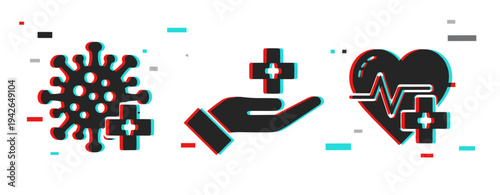 Healthcare and virus prevention icons showing medical support. Glitch effect