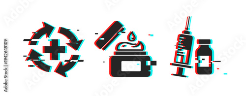 Medical supplies and treatment icons arranged against white background. Glitch effect