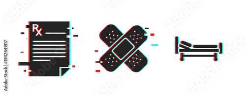 Prescription with bandage cross and hospital bed icons on white. Glitch effect