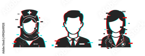 Medical staff icons showing diverse healthcare roles on white. Glitch effect