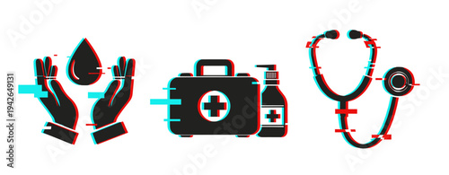 Hands holding water drop with medical kit and stethoscope icons. Glitch effect