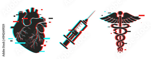 Human heart syringe and medical caduceus symbols on white background. Glitch effect