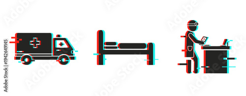 Icons representing ambulance, hospital bed and doctor at desk on white. Glitch effect