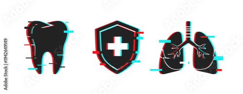 Tooth, medical shield and lungs representing health protection. Glitch effect