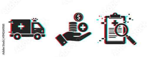 Ambulance icon, hand holding coins, clipboard under magnifier on white. Glitch effect